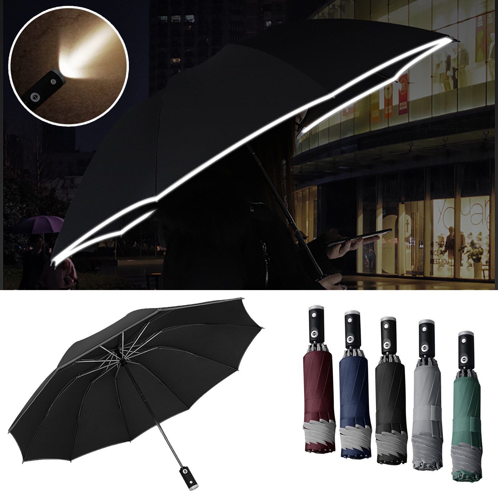 Automatische Paraplu Reverse Vouwen Business Paraplu Met Reflecterende Strips Business Paraplu Mannen Regen Vrouwen Paraplu