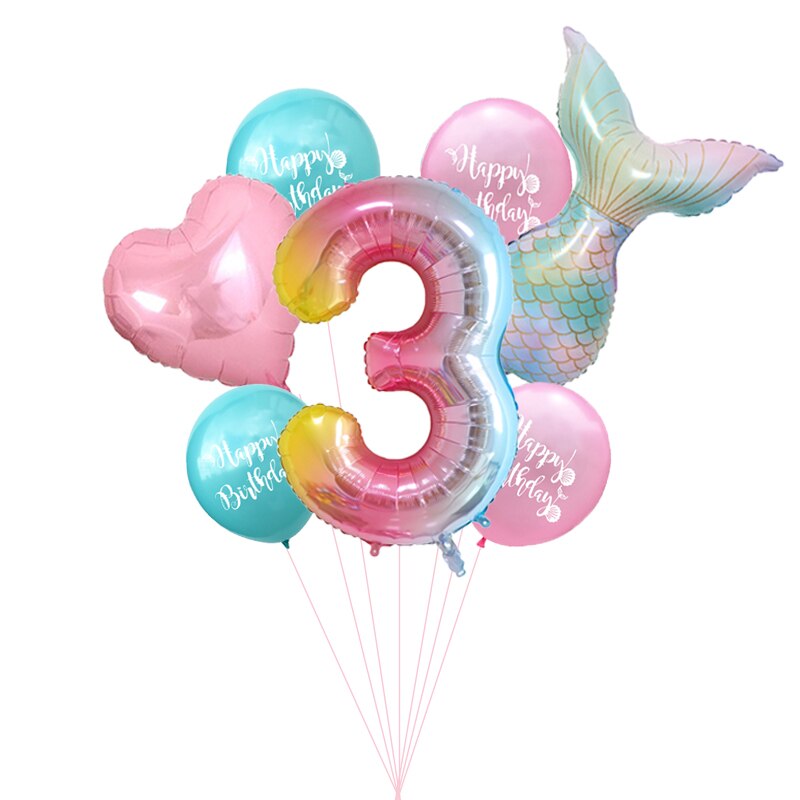 7pcs/lot Mermaid Party Balloons Number Foil Balloon Kids Birthday Party Decorations Baby Shower Decor Helium Globos supplies