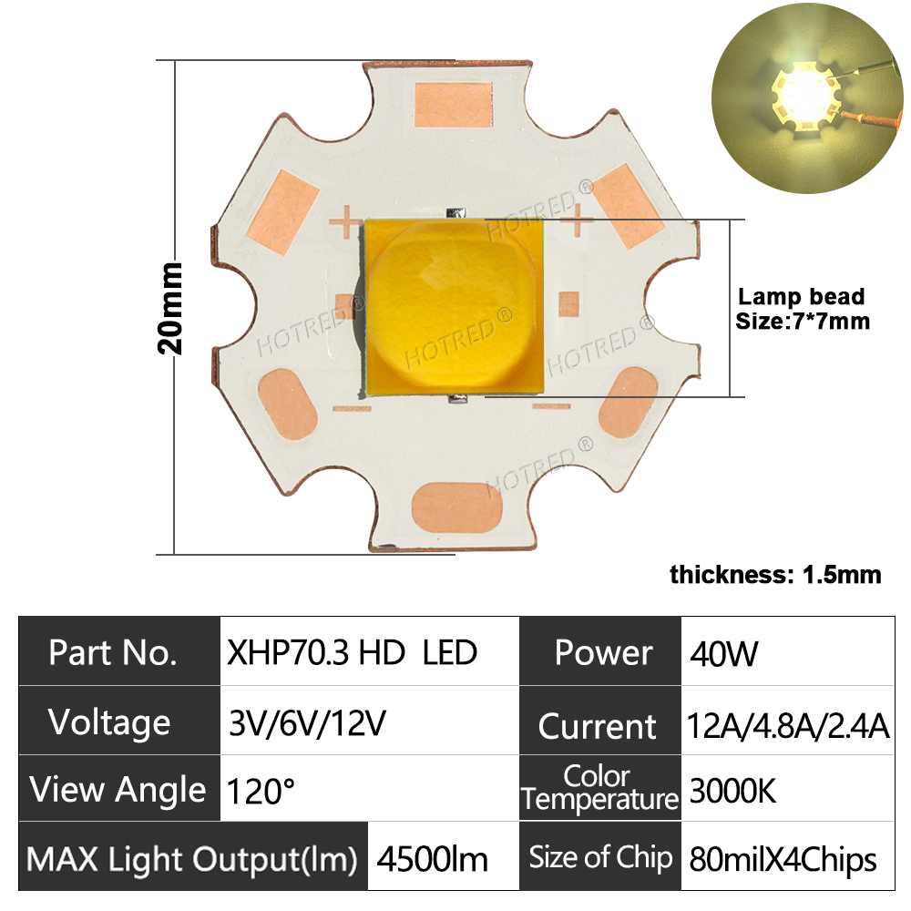 DC3V/6V/12V XHP70 LED High Power 7070 XHP70.2 Chip Ceramic Bracket Bead 20W 40W XHP70.2 XHP50.2 Latarka czołowa Szperacz: 3.0-3.6 V / Lawenda / 38 W