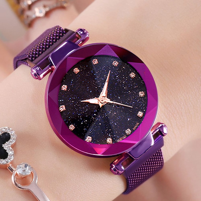 Luxe merk dameshorloge met diamanten wijzerplaat, dameshorloge met magnetische stalen armband en sterren, waterdicht horloge