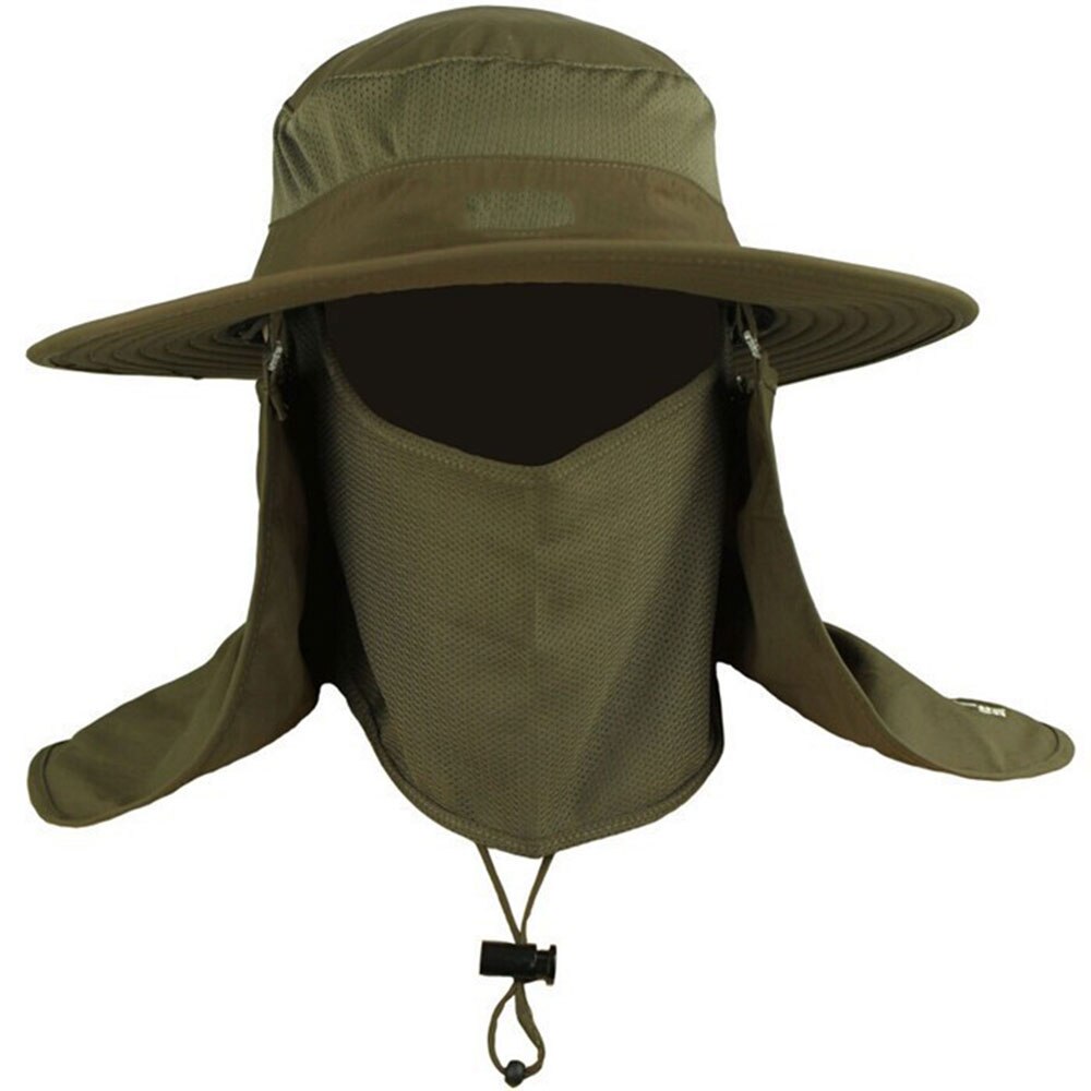Herre fiskehat runde kanter kasket campinghat sol uv beskyttelse sommer bucket cap med hals ansigtsgardin åndbare visirer: Militærgrøn
