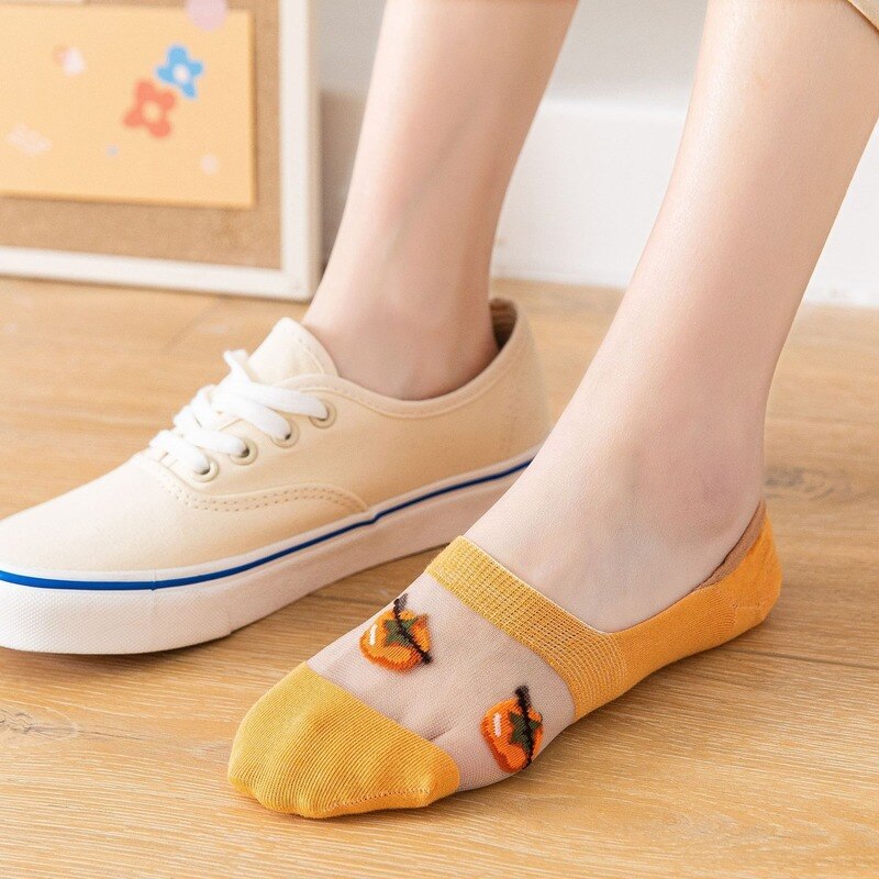 Crystal Silk Woman Socks Silicone Non-slip Invisible No Show Socks Fruit Print Summer Thin Breathable Low Cut Ankle Boat Socks