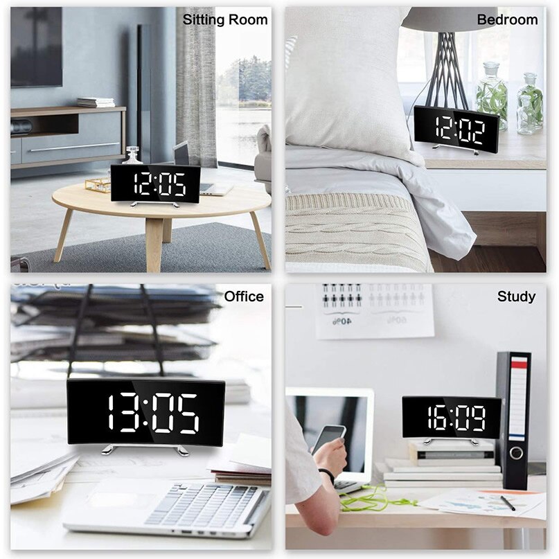 Digital Clock Large Display, LED Electric Alarm Clock Mirror Surface for Makeup with Diming Mode, 3 Levels Brightness Modern