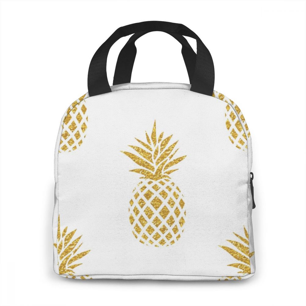 Gold Pineapple Pattern Lunch Bag Portable Insulated Thermal Cooler Bento Lunch Box Tote Picnic Storage Bag Pouch