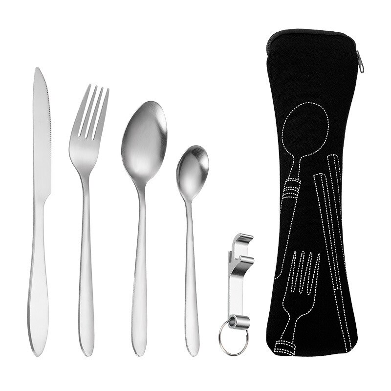 Portable Tableware Bag Cutlery Bag Dinner Set Travel Packaging Storage Box Dinnerware Picnic Fork Spoon Bag Tableware with Bag: Black  5pcs