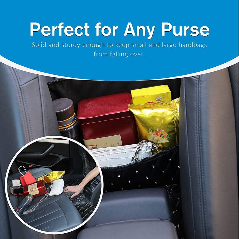 Car Seat Storage and Handbag Holding Car Net Pocket Handbag Holder Hanging Storage Bag Between Car Seats (Black+Diamond)