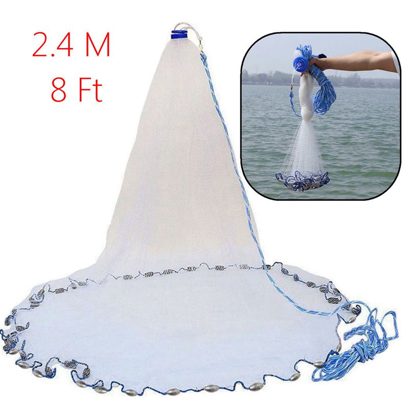 8Ft 2.4M filet de pêche appât facile jeter à la main moulé 3/4 pouces forte maille en Nylon + Sinker