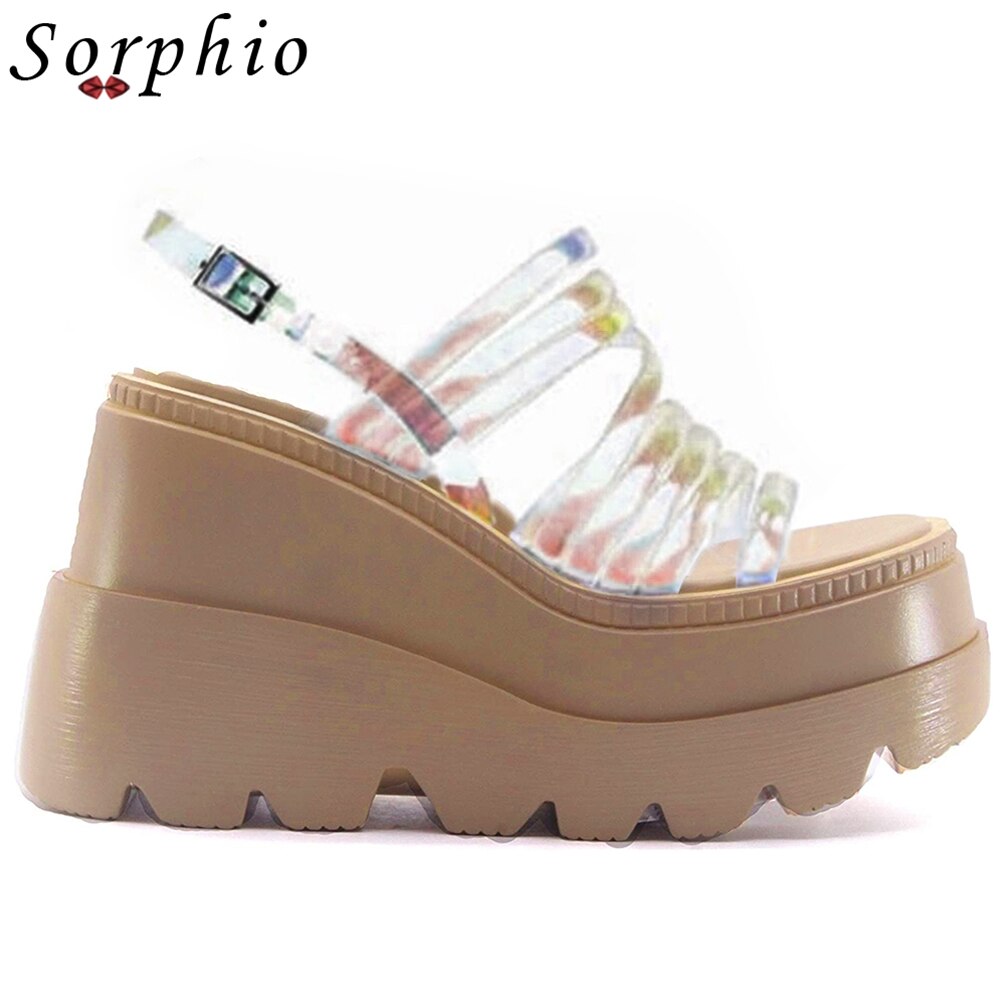 Sorphio-sandales de luxe à semelle compensée, chaussures d'été pour femmes, en PVC et colorées, collection directe INS: Marron / 36