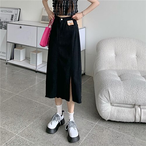 Denim midi-rok met split - Zwart - Maat 42-60