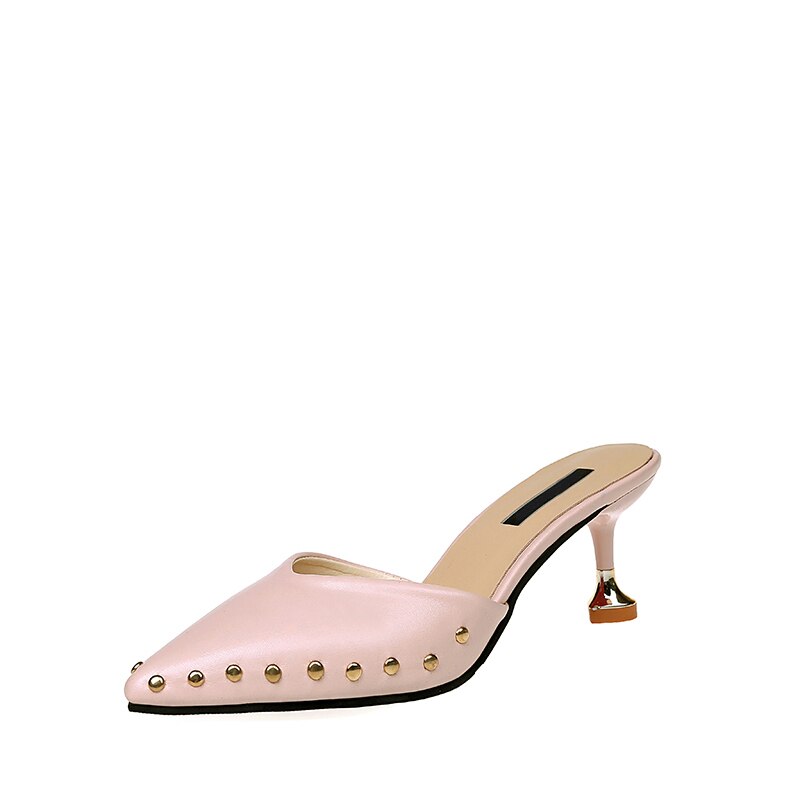 Vrouwen Zomer Muilezels Slippers Hoge Hakken Dames Klinknagels Puntschoen Strange Stijl Vrouwelijke Buiten Schoenen Voor Meisjes: Pink / 5