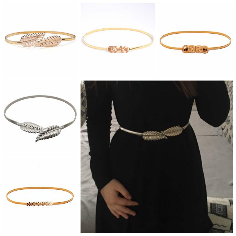 Ceinture avec boucle métallique élastique pour femmes, tenue avec chaîne or/argent, feuilles de fleurs