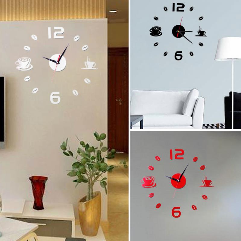 Coffee Cups Kitchen wall art 3d diy wall clocks mirror clock modern watches home decoration DIY decor sticker living room