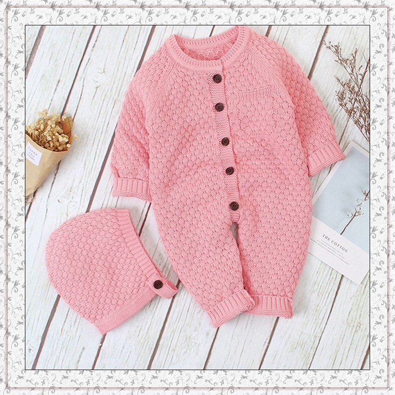 Kin Tted Truien Winter Soild Warm Romper + Cap 2 Stuks Jongen Meisje Baby Trui Volledige Mouw Kinderen Truien Jas kerst Kleding: Pink / 80(6-12M)