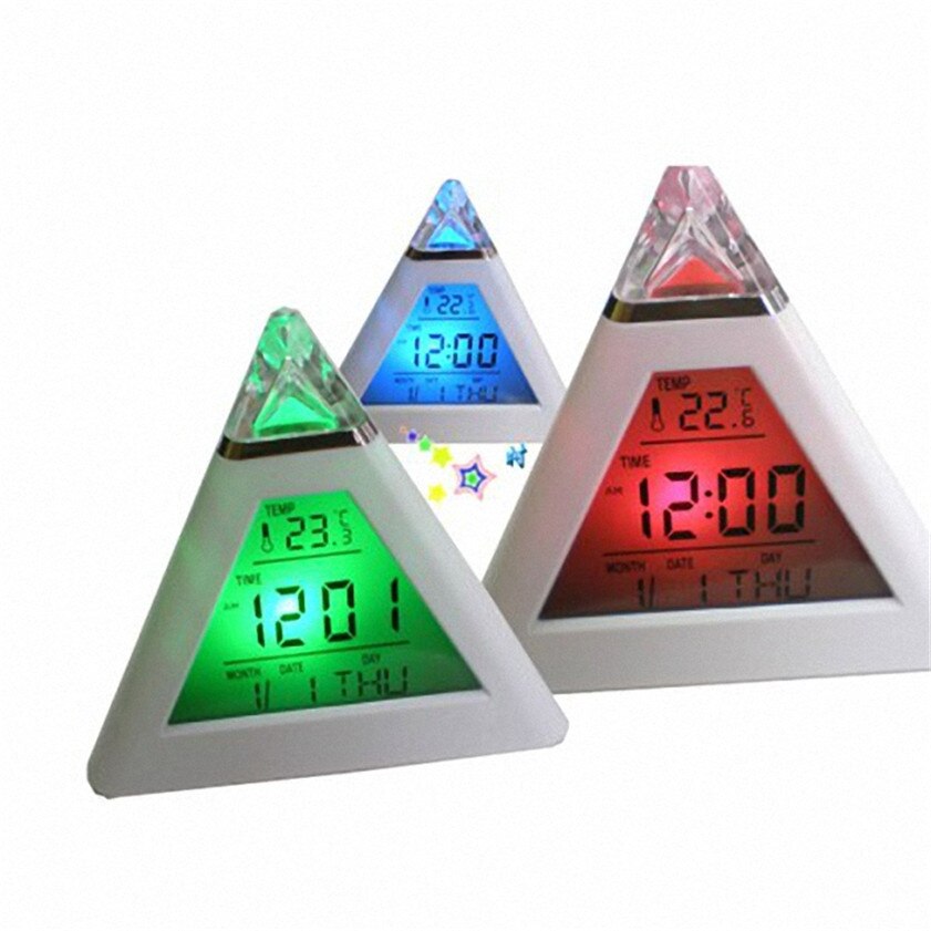 Digitale klok voor thuis, alarm, piramide, temperatuur, 7 kleuren, led, achtergrondverlichting, led-wekker