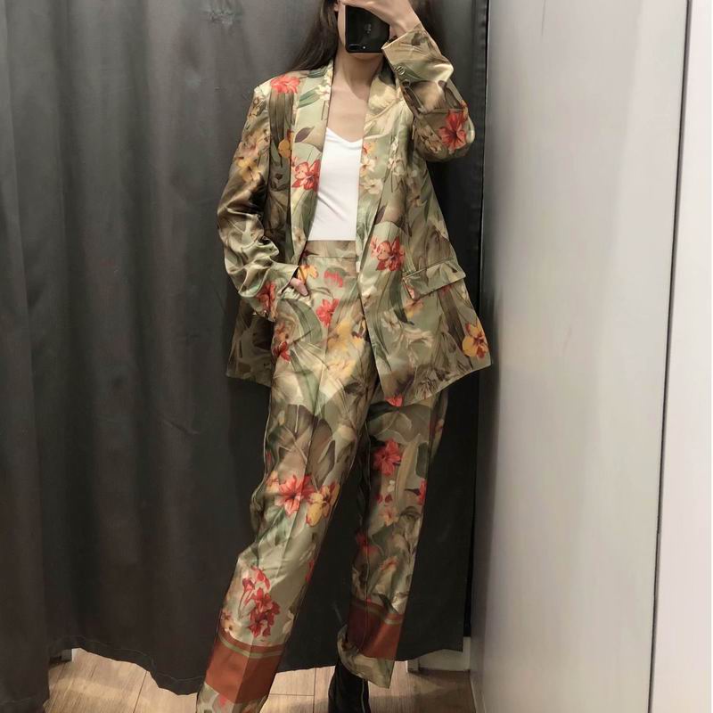 Women Pant Suits Spring Floral Prints Clothing Modern Lady's Casual Blaze and Mid-Calf Pants