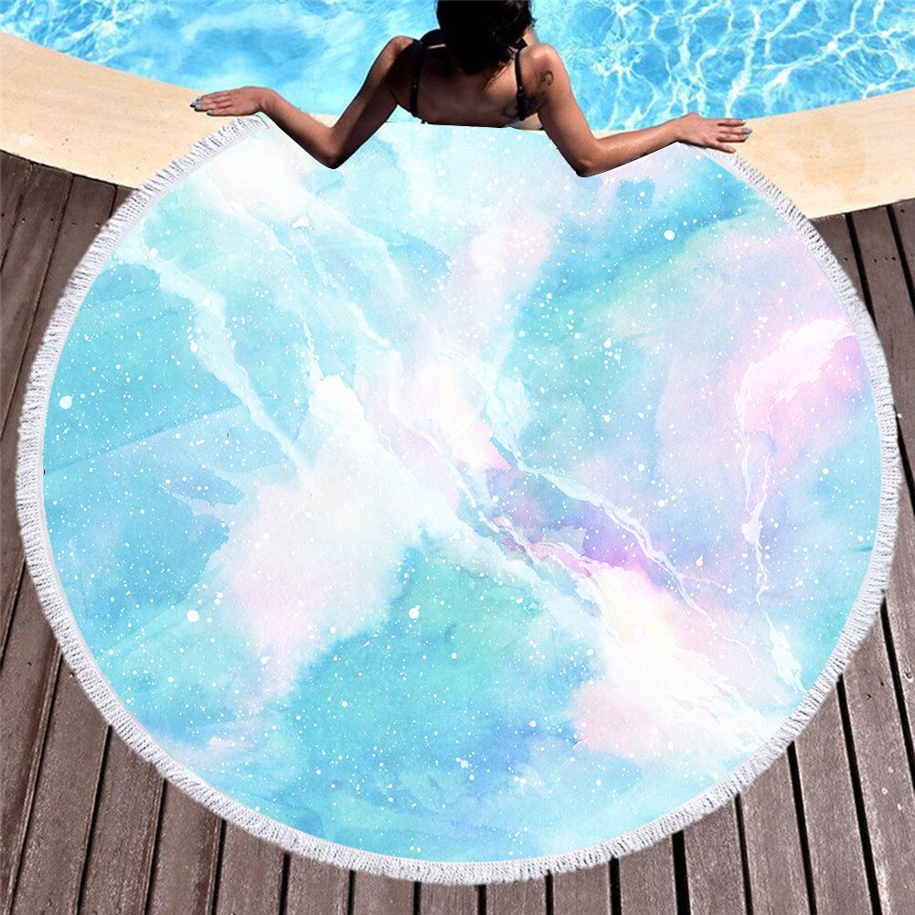 Serviette de plage ronde en microfibre pour adultes, motif de marbre coloré imprimé en 3D, tapis de Yoga avec pampilles, été, 150cm, T609