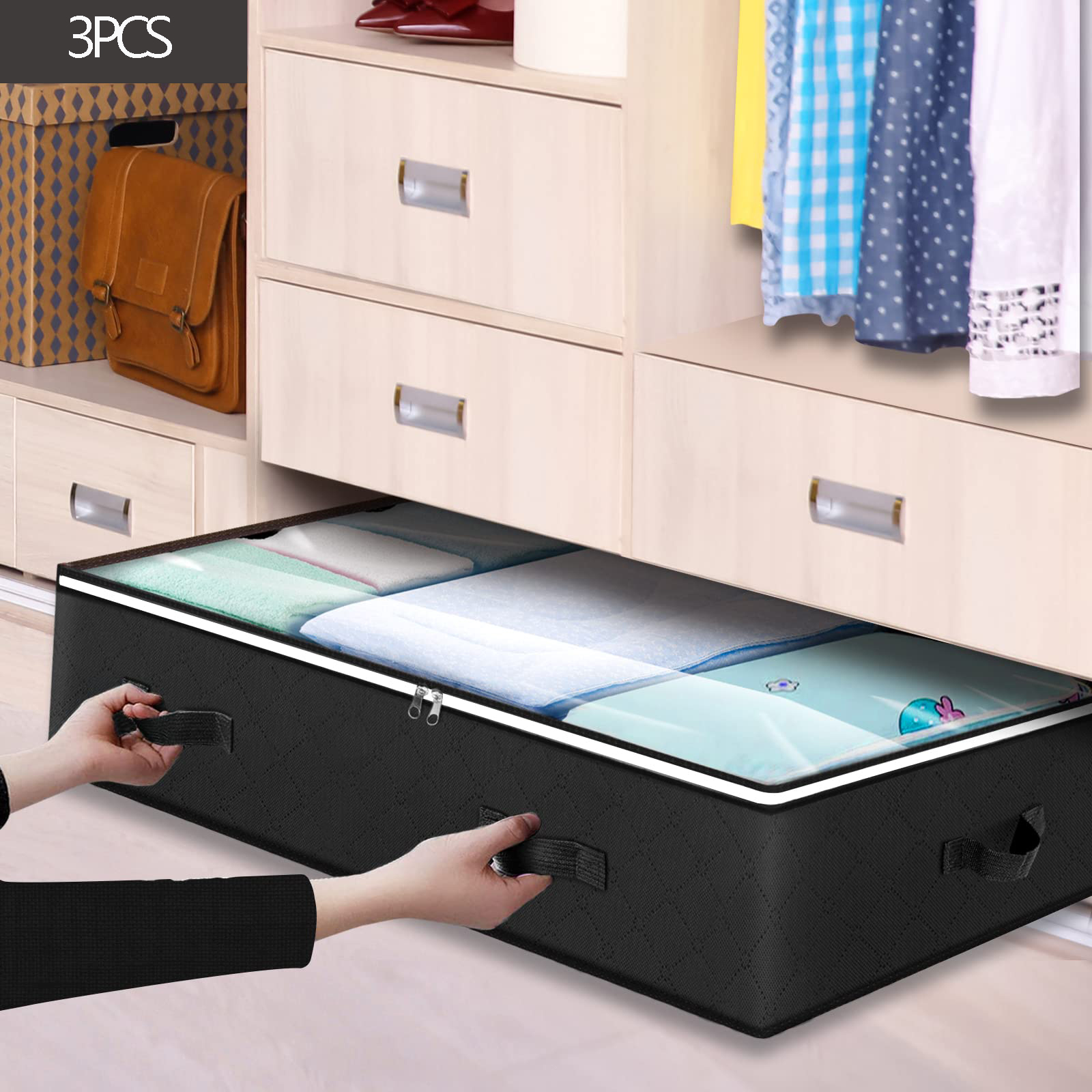 90L Sturdy Under Bed Storage Containers Organizer Large Capacity Clothes Bins and Bedroom Foldable Storage Bag with Clear Window: Orange