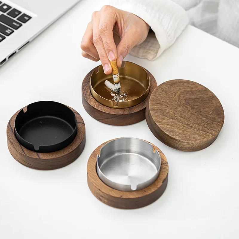 Houten asbak met deksel, roestvrijstalen binnenkant, winddicht, duurzaam, gemakkelijk schoon te maken, voor terras, kantoor, thuis, sigarenhouder