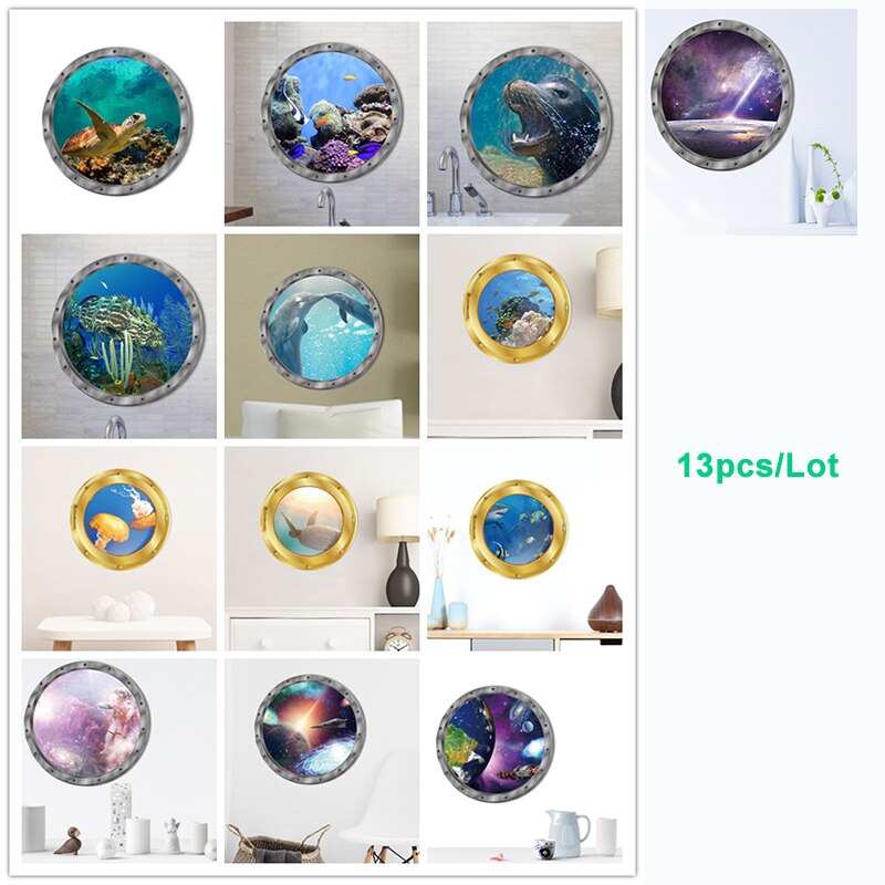 Underwater Scene Porthole Vinyl Wall Decal Seals Family Wall Art Ocean View 3D Illusion Kids Wall Decal Sea Outside Of Submarine: Default Title