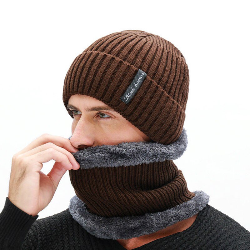 Frauen Mützen Hüte Schal einstellen Winter Hüte Für Männer Frauen Warme Wolle Rippen Gestrickte Kappe Und Schals Anzug Männlich Schwarz motorhaube Skullies: Schokolade