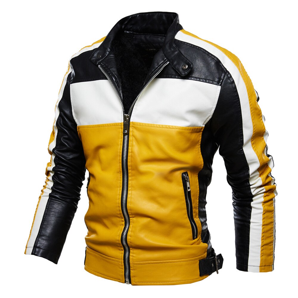 Mænd gul læder jakke patchwork biker jakke mænd afslappet lynlås frakke mænd motorcykel jakke slim fit pelsforet outwear frakke: Kcd 750 gul / L