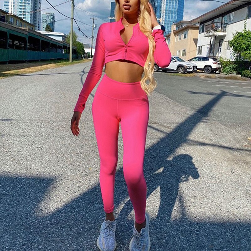 Yoga Gym Set Vrouwen Sportkleding Leggings Pak Lange Mouw Rits Crop Top Voor Fitness Workout Kleding Trainingspak Rood Kaki Zwart