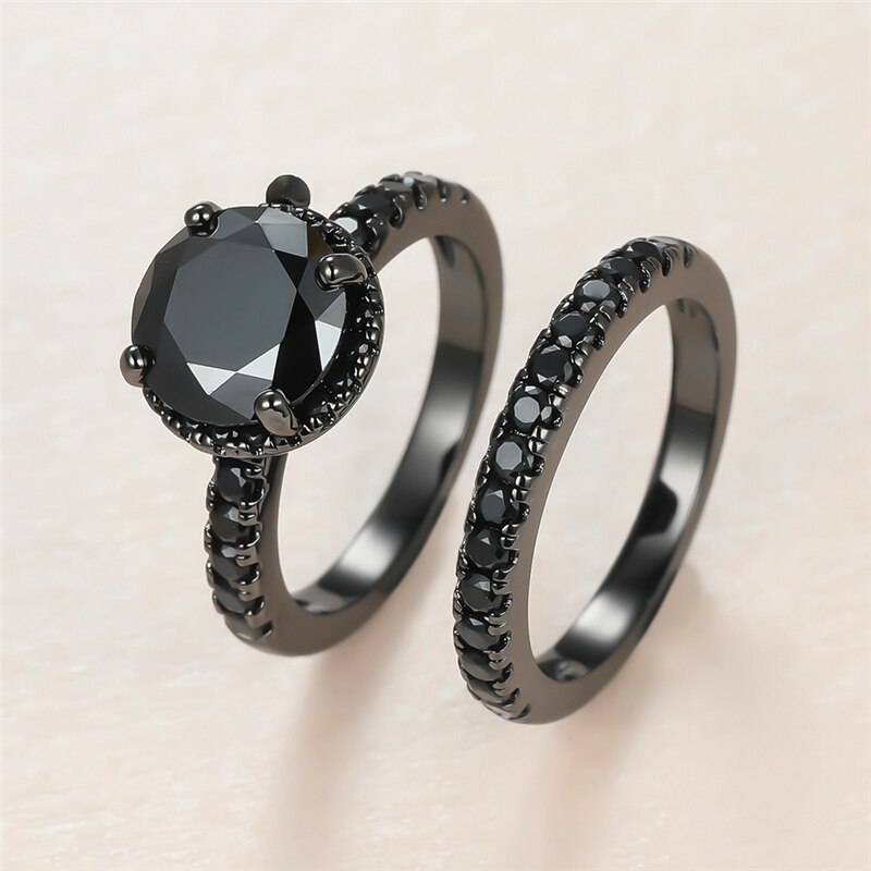 Anillo de piedra de cristal Punk para hombre y mujer, conjunto de anillos de boda de oro negro de lujo de 14KT para mujer, sortija de compromiso de circón redondo con abalorio