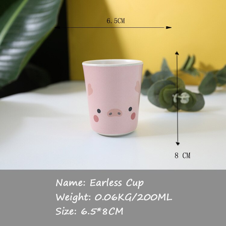 Kids bamboo fiber tableware children's dinner plate set pig shape plate baby feeding cute cartoon animal anti-fall bowl plate: Earless cup