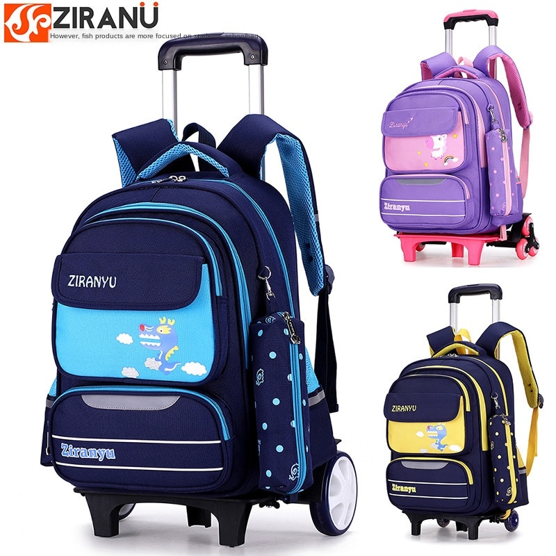 Ziranyu waterdichte afneembare kinderschooltassen met 2/6 wielen, trap kindertrolley, schooltas, boekentassen, jongens- en meisjesrugzak