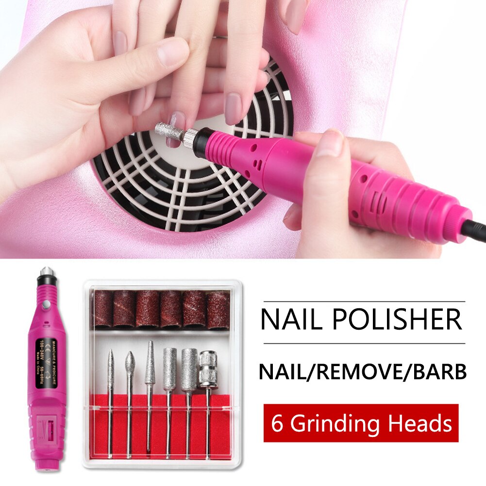 1Set Elektrische Nail Boor Machine Kit Usb Opladen Manicure Machine Pedicure 6 Bits Schuren Buffer Nagelvijl Nail Art pen TSLM1: Rose Red