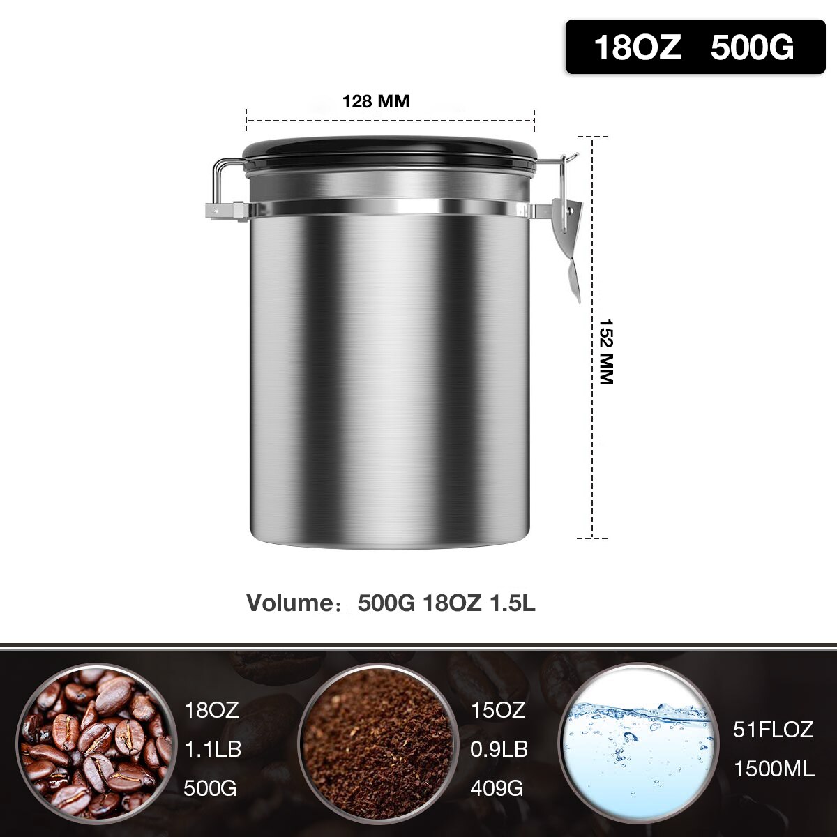 Coffee Storage Container Airtight Stainless Steel Vault Coffee Bean Canister with CO2 Valve to Keep Beans Fresh Grains Candy Jar: Sliver 1.5L