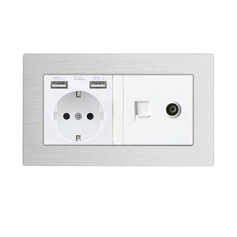 Atlectric DE EU RU Plug Wall Socket With LED Indicator Dual USB, RJ45, TV Port Double Socket Power Outlet Metal Panel 146mm*86mm: 1Socket Rj45 With TV