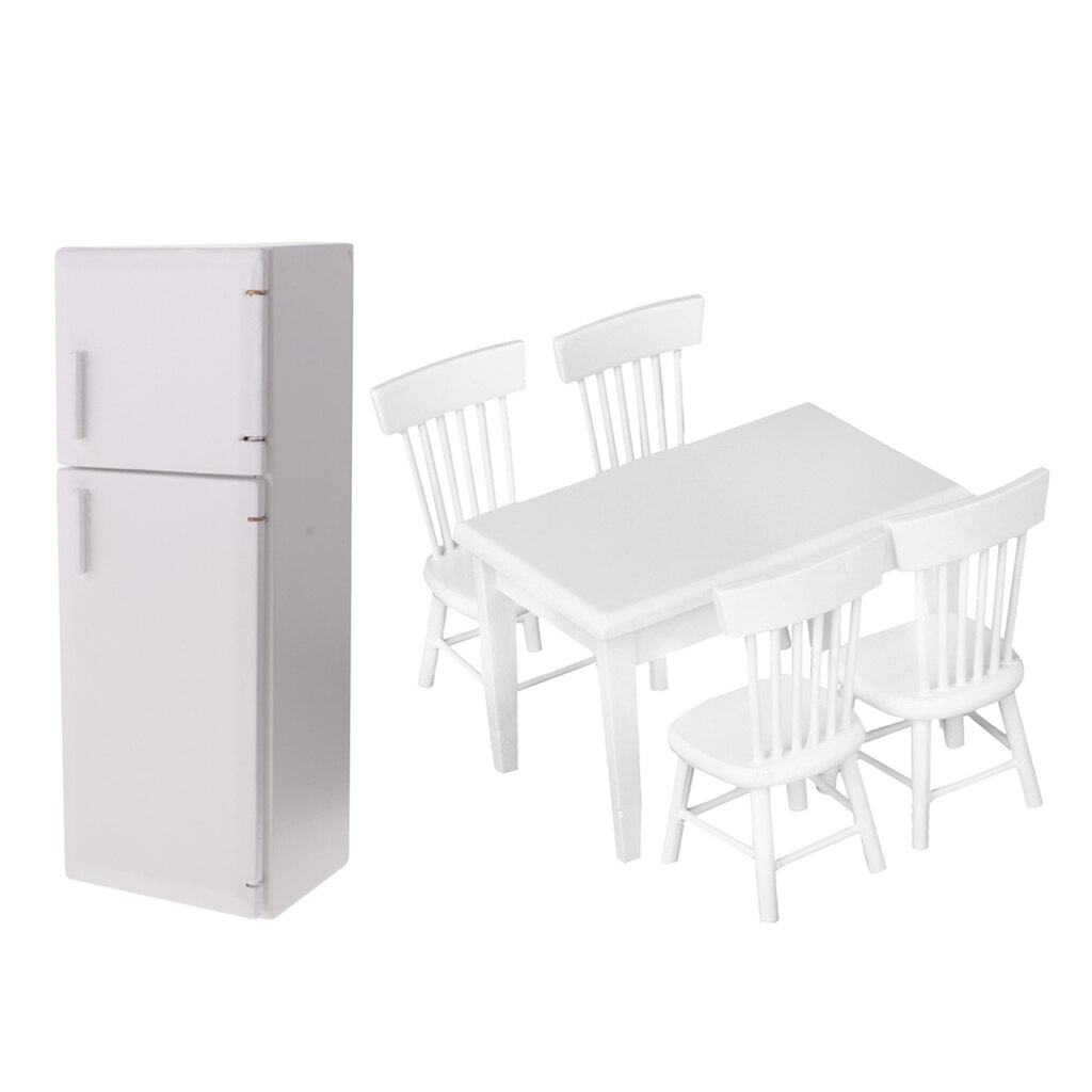 1/12 Dollhouse Modern Sense Kitchen Decor Refrigerator & White 5pcs Table Chair Set Accessories