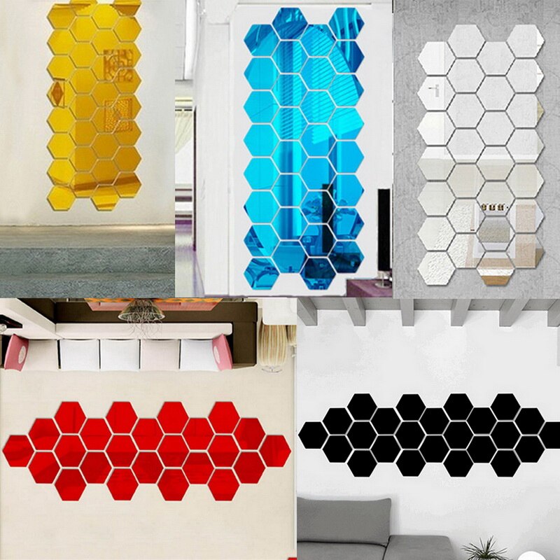 12 Pièces/ensemble BRICOLAGE 3D Miroir Mur Autocollant Hexagone Décor À La Maison Décor De Miroir Autocollants Art Décoration Murale Autocollants multicolore Directe