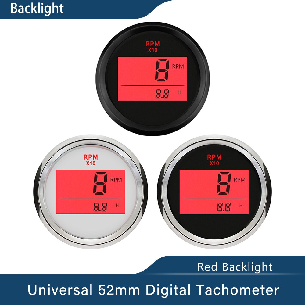Waterproof Digital Tachometer REV Counter RPM Gauge with Hour Meter 9990RPM 52mm 9-32V Red Backlight for Car Boat Universal