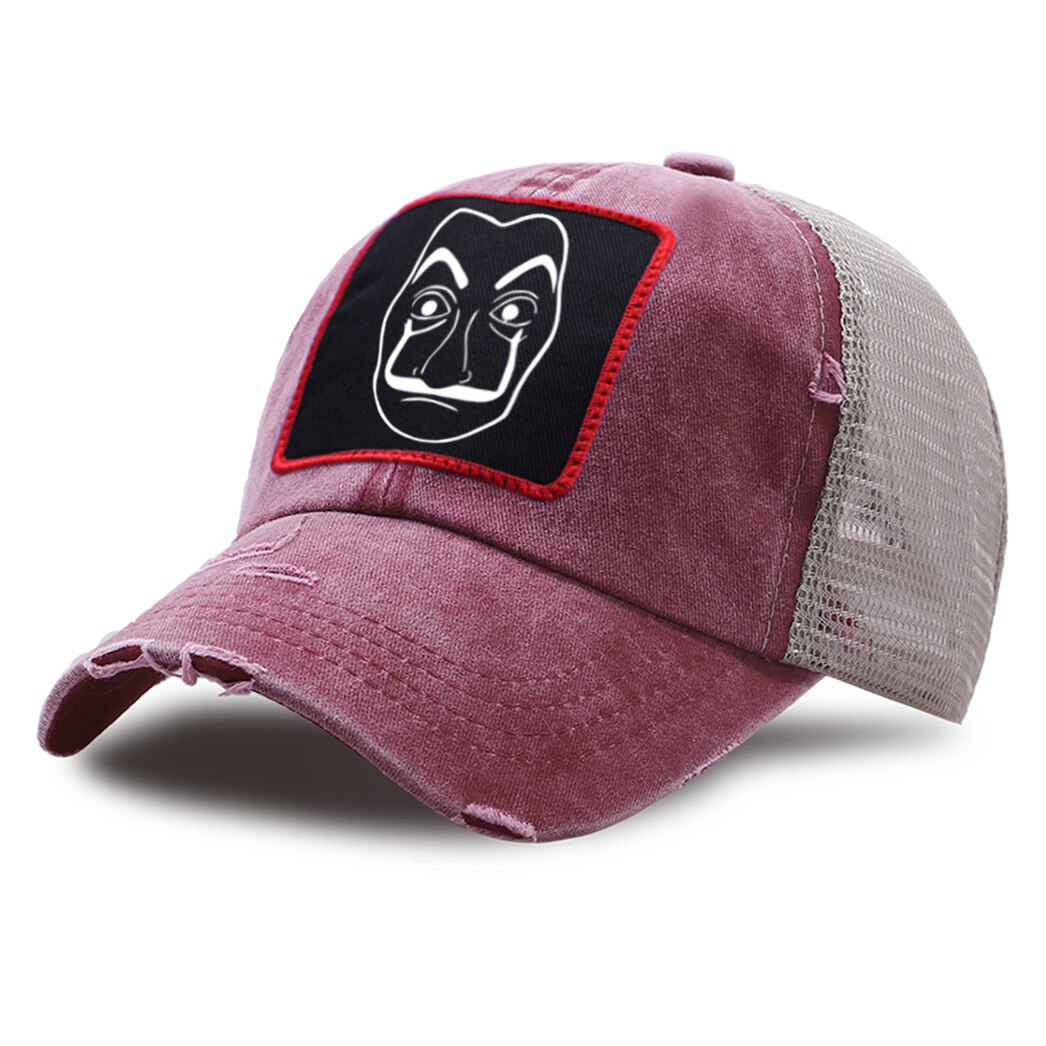 La casa de papel harajuku mesh trucker hat sommer unisex ridehue åndbar afslappet baseball caps udendørs street snapback hat: Vinrød 5