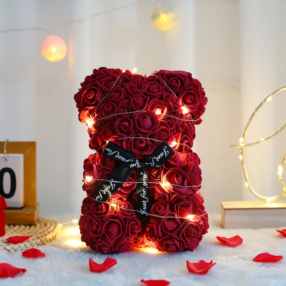 Oso de flor rosa de peluche Artificial de 25cm con caja, romántico del Día de San Valentín, suministros para de boda y aniversario para novia y mujer: Naranja