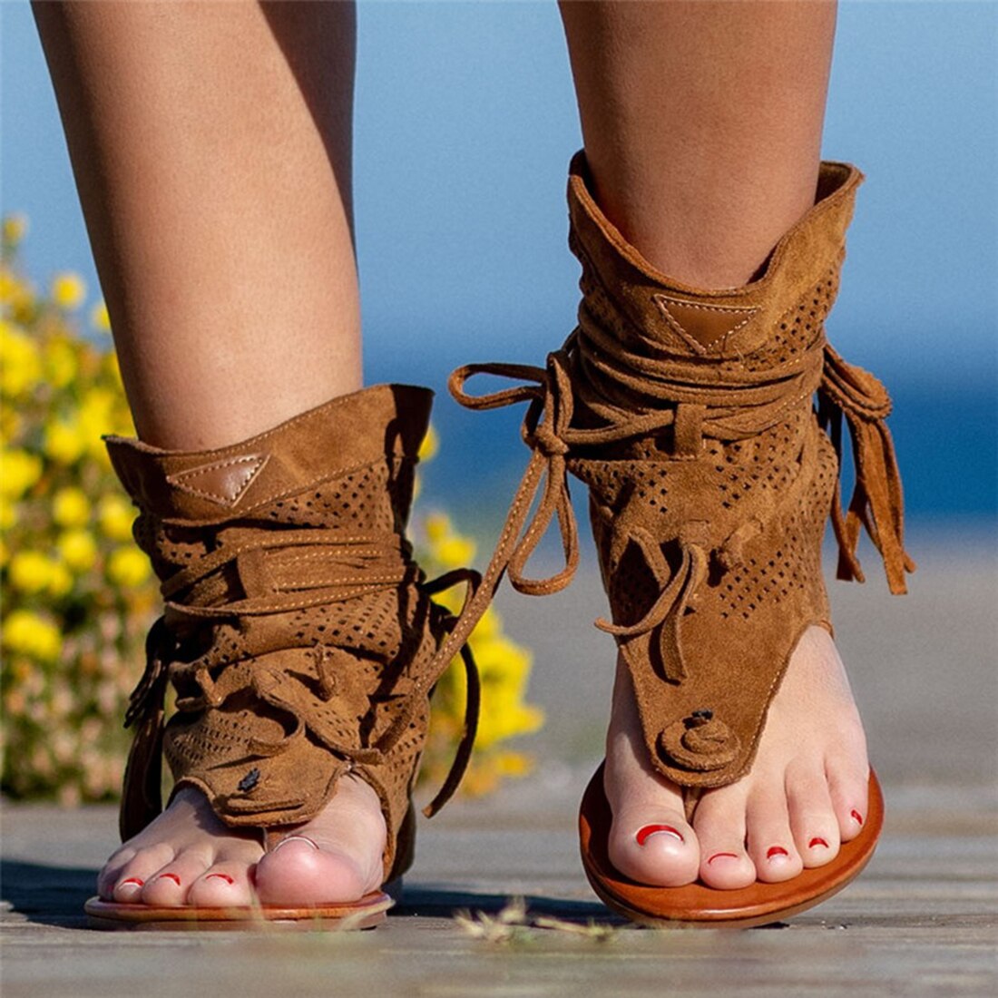 Retro kvast sandaler til kvinde sommer boho flade sko dame snøre strandsko sandalias mujer damesko