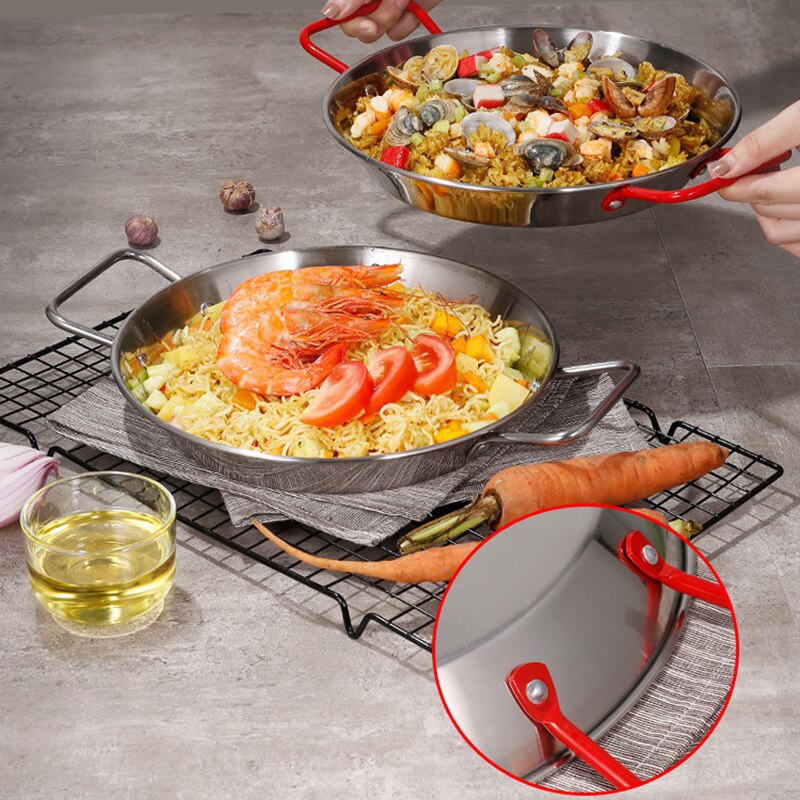 Spanish Saucepan Red Handle Stainless Steel Thickened Paella Pan Non-magnetic Double Ear Pan Baked Rice Pan Fried Chicken Pot