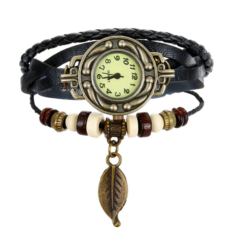 UMKA Punk Boho Vintage Leather Leaf Rope Wrap Watch Bracelet Black Men's or Woman's Charm Bracelet Party Jewelry: S191-1