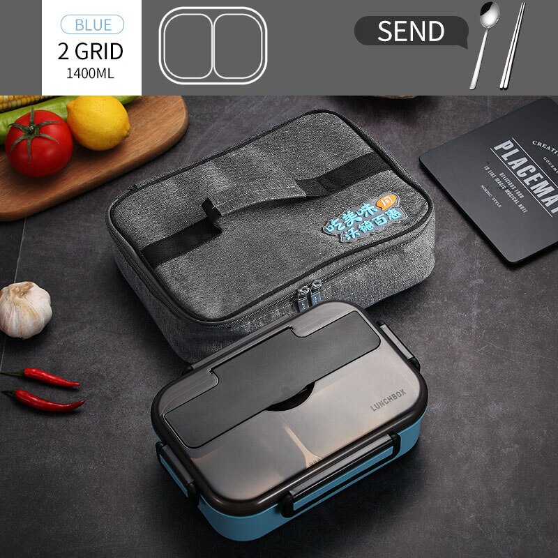 WORTHBUY fiambrera japonesa para niños con compartimentos, caja Bento de acero inoxidable 304 para niños, caja contenedora de alimentos con vajilla: 2 Grid Blue And Bag