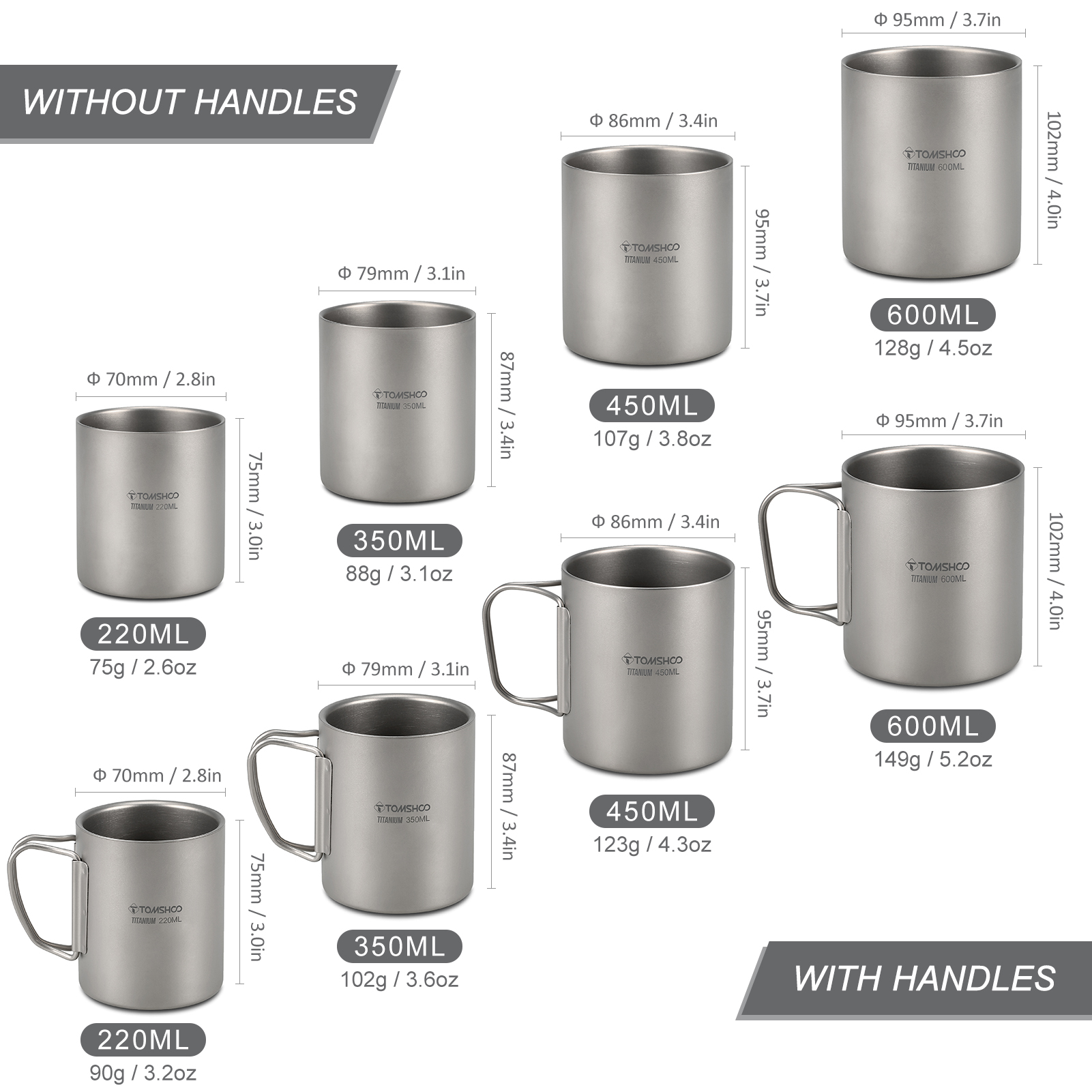 Tomshoo 220/350/450/600Ml Dubbele Muur Titanium Water Cup Koffie Thee Mok Voor Thuis Outdoor camping Wandelen Backpacken Picknick