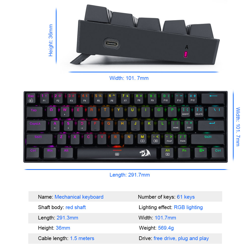 Redragon DragonBorn K630 RGB USB Mechanical Gaming Keyboard Red Switch 61 Keys Wired detachable cable,portable for travel