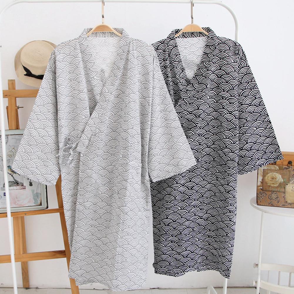 Men Printing Kimono Robe Sleepwear Nightgown Loose Mid Length Bathrobe