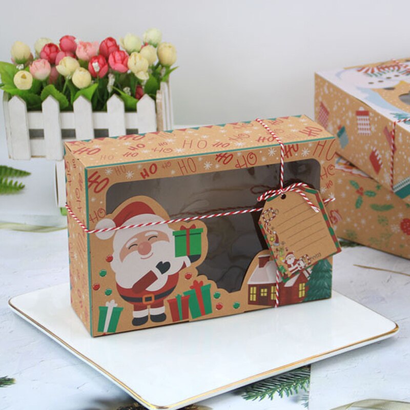 12Pcs Kraft Paper Portable Christmas Box Party Favor Holders Candy Box Cookie Boxes With Snowman Santa Claus Card