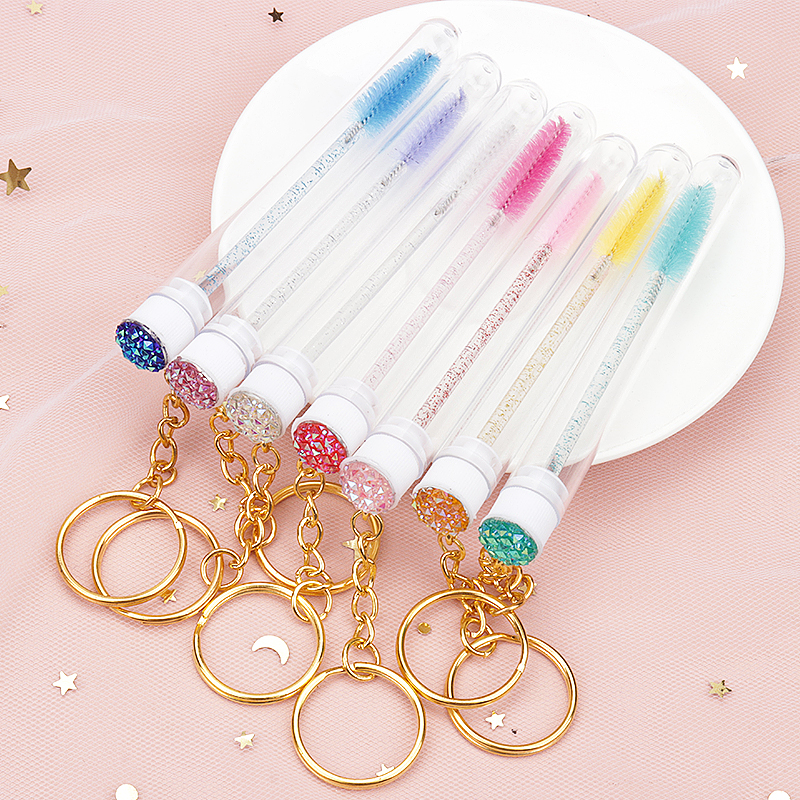 20/50/100 Stuks Buis Lash Borstel Met Gouden Sleutelhanger Strass Mascara Wand Applicator Microbrush Voor Wimperverlenging wenkbrauw Kam