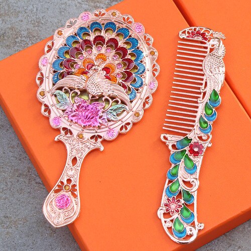 Travel retro makeup handle mirror comb set simple portable dormitory decor student mirror Peacock mirror LB41613: 12