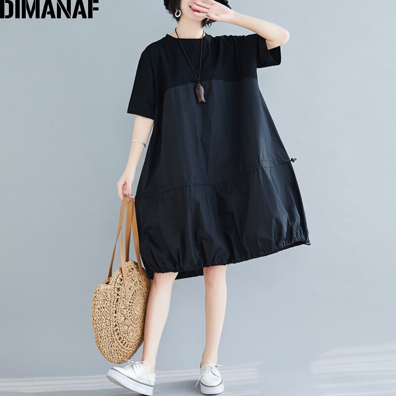 DIMANAF-vestido holgado y plisado de algodón para mujer en tallas grandes, informal, negro, liso