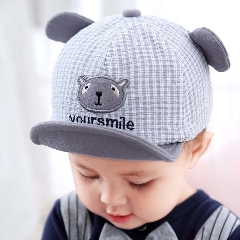 Cute Cartoon Baby Cap With Ears Summer Newborn Adjustable Baseball Cap Cotton Baby Girl Boy Hat Plaid Toddler Kids Sun Hat: gray