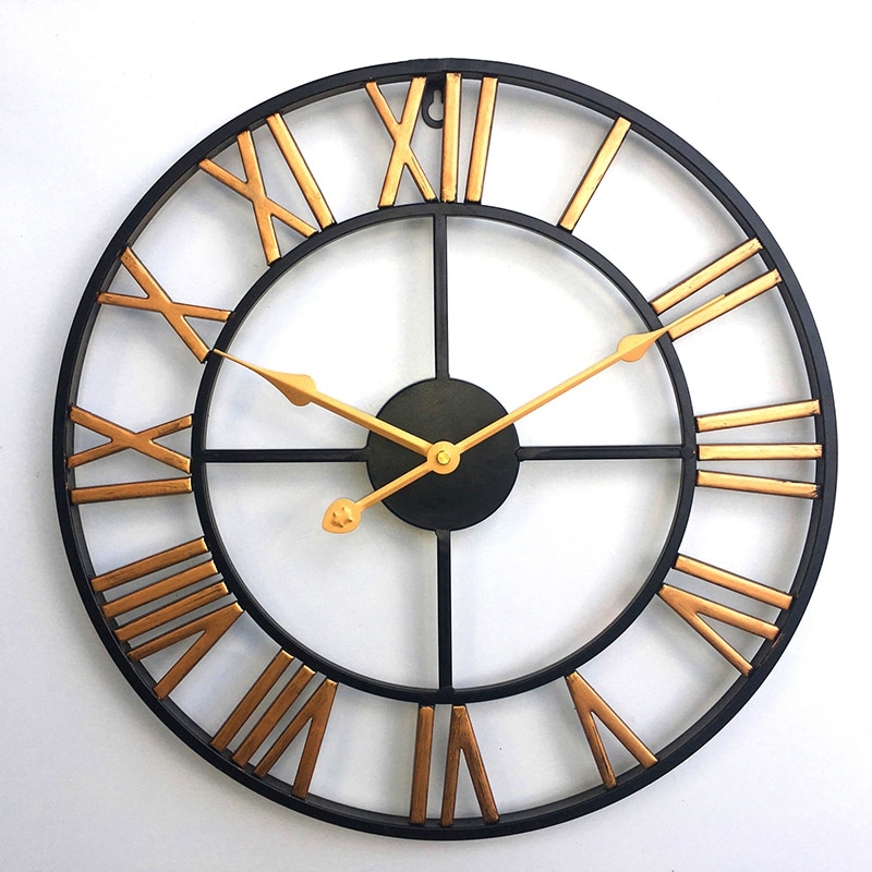 1 Uds., reloj despertador de hierro forjado para decoración de pared, reloj de pared Retro, barra de hierro hueco romana redonda 3D, reloj de pared decorativo silencioso dorado 6